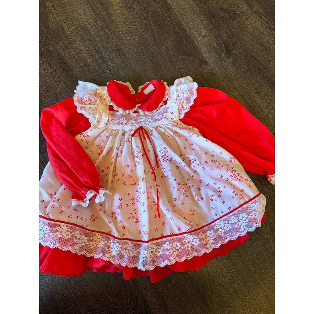 Vintage Bryan Red White Floral Lace Pinafore Dress Set Toddler Kids